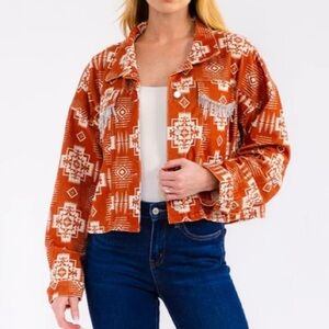 Rust Color Aztec Print Long Sleeve Stretchy Light Corduroy Sequin Fringe Shacket